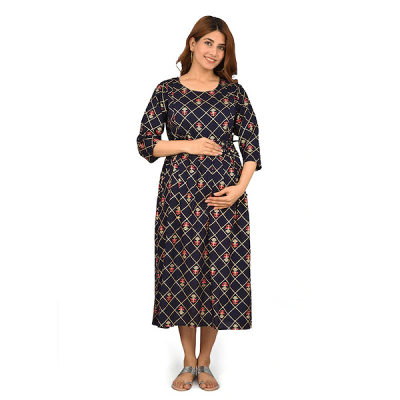 Women Navy Blue Maternity A-Line Midi Dress