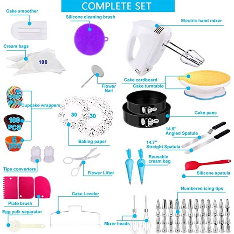 Cake Decorating Supplies 238 PCS Baking Set with Electric Hand Mixer Mixing Bowls Cake Pans